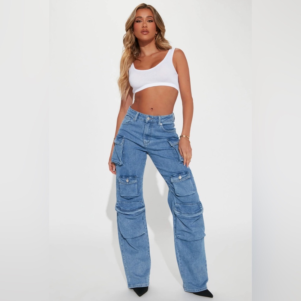 Just Enough Time 90’s High Rise Cargo Jeans Medium Blue Wash size 15